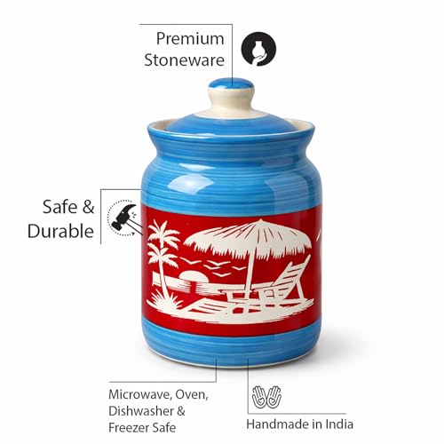 Image of Ceramic Handmade Pickle Jars in 1000ml (set of 2) | Handpainted Floral Bale 1 kg Achaar Martban | Ceramic Jadi for Kitchen Storage (Set of 2) | Jars for Achar, Spices, Salt (HandPainted Scenery Jars)