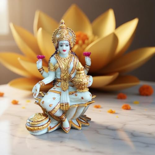 Image of YASHONIDHI Lakshmi Devi Marble Dust Idol, 7 Inches, White and Gold, Goddess Laxmi MATA Murti, for Pooja Room, for Home Decor, Office Decoration, for Good Luck and Wealth, Gift for All Occasions