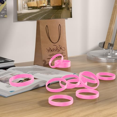 Image of Morcheiong 12 Pieces Silicone Bracelets- Pink Color Blank Rubber Wristbands for Adults Teen Party Favors