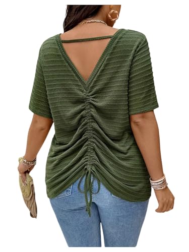 Women's Plus Size Drawstring Back Backless T Shirts V Neck Short Sleeve Textured Tees Casual Summer Tops
