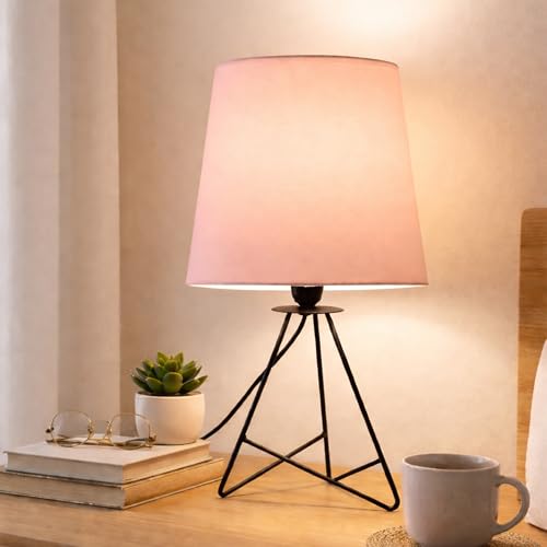 Image of Modern Black Tripod Table Lamp with Taper Fabric Shade | Metal Base Bedside Lamp for Bedroom, Living Room, Study, Office & Nightstand | Decorative Table Light (Pink)
