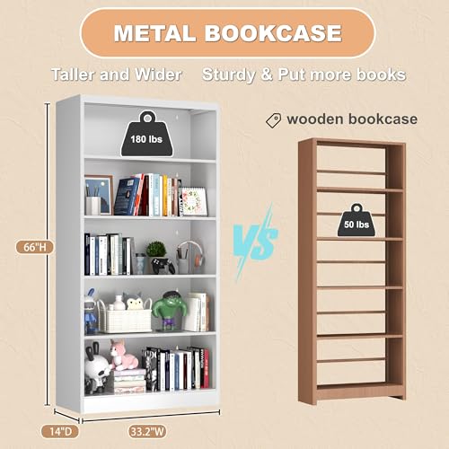 Image of 66 inch Tall Metal Bookcase, 5 Shelf Heavy Duty Bookcase with Adjustable Shelves, Large Book Storage Shelf for Living Room, Home Office, Library, White