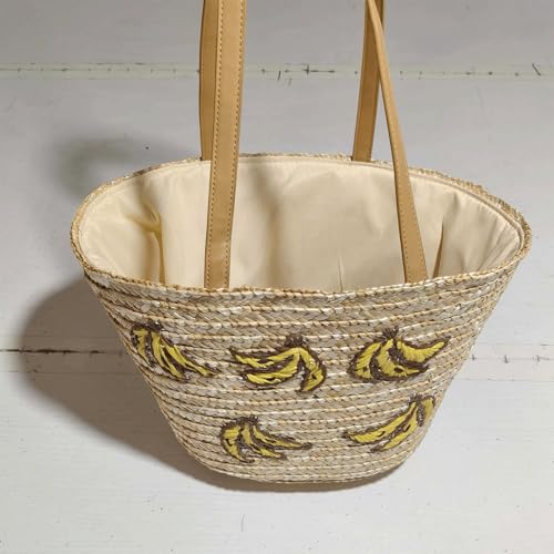 Banana Purse Straw Woven Banana Embroidered Bucket Bag Large Shoulder Bag Trendy Fruit Purse for Women3
