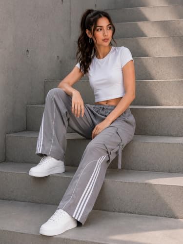 Image of Women's Grey Wide Leg Cargo Track Pants Casual Streetwear Striped Jogger Trousers