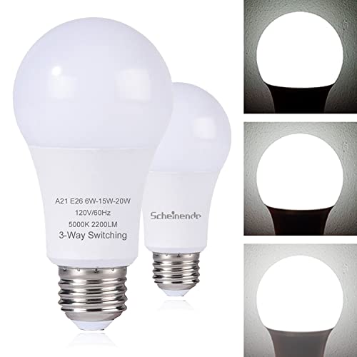 Scheinenda 3-Way Led Light Bulbs A21, 50 100 150 Watt Equivalent, Perfect for Reading, 5000K Daylight, Indoor Standard e 2 6 Bulb, Energy Efficient 20 Watt, 2200 Lumens, 2 Pack