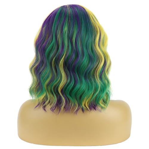 Image of BERON Mardi Gras Wigs for Womens Girls MardiGras Costume Cosplay Purple Green and Yellow Colored Side Part Wigs Shoulder Length Mardi Gras Cosplay Party Wig
