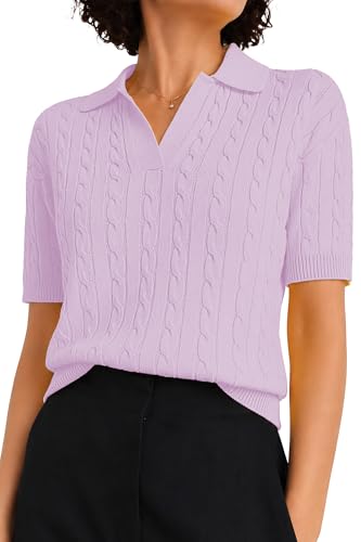 Image of QUALFORT Cable Knit Women's Short Sleeve Sweater Soft V Neck Polo Tops