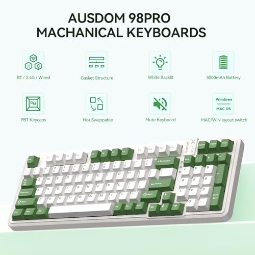 AUSDOM 98Pro Silent Wireless Mechanical Gaming Keyboard with Backlit and Hot Swappable Tactile Switches (Green & White)