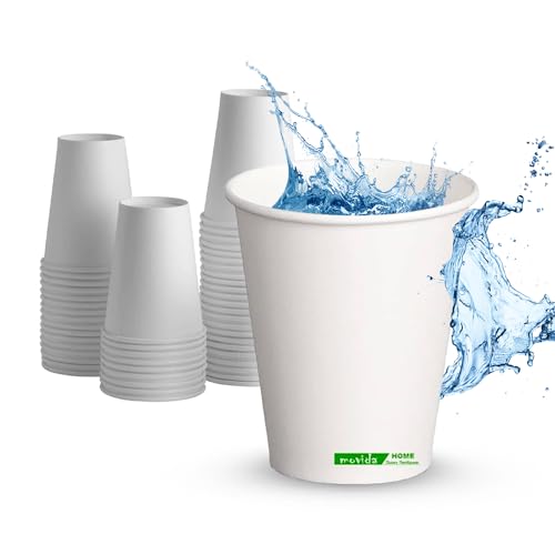 Avilia Juego de 50 vasos biodegradables – Kit de vasos grandes para agua y bebidas, blancos, ecológicos para fiestas y uso diario, de papel, 180 ml
