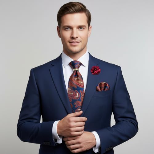 Image of 5PCS Mens Silk Tie, Pocket Square, Cufflinks, Drilled Tie Ring and Lapel Pin Set for Wedding Groom Party