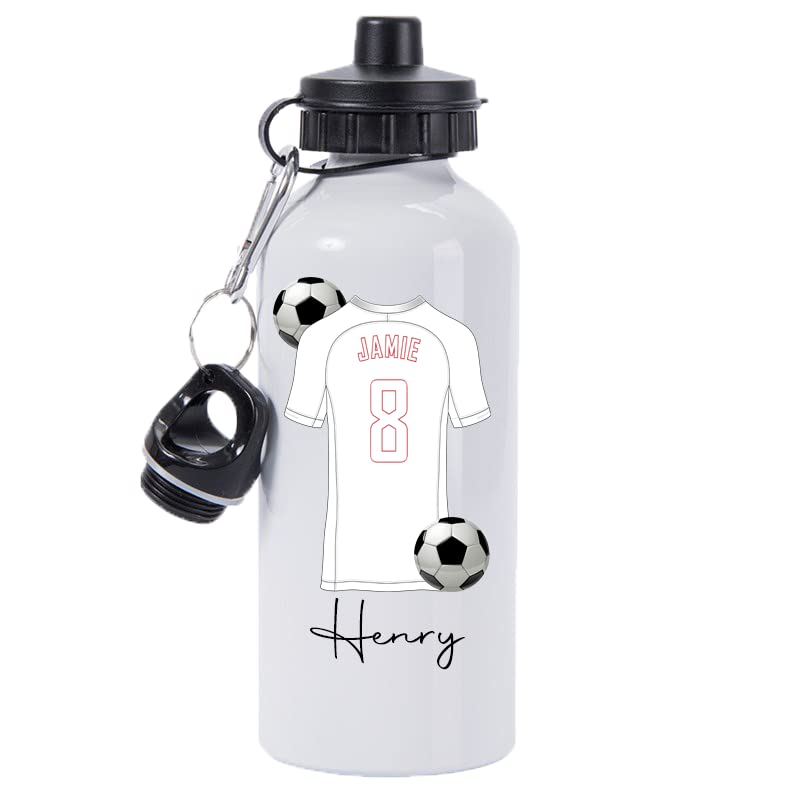 Pickhut Personalised Football 600ml White Aluminium Sports Water Bottle Back to School Gift for Kids, Customised with Name/Number/Text with Football Shirt Jersey White Kit (D20) โ image 1