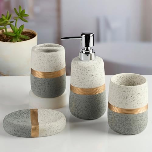 Image of SaSaSa Ceramic Bathroom Accessories Set of 4 - Stylish Bath Set with Liquid Soap Dispenser, Toothbrush Holder, Tumbler and Soap Dish for Modern Bathroom Decor, White /Grey (11984)