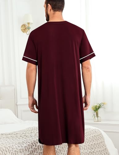 Image of SWOMOG Mens Nightgown Short Sleeve Lounge, Sleep Henley Shirt Pajama Big & Tall Nightshirt Comfy Nightwear M-3XL
