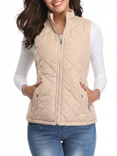 Fuinloth Womens Lightweight Warm Puffer Quilted Vest - 4-Pockets Stand Collar Zip Gilet Fall Winter Outerwear Beige M