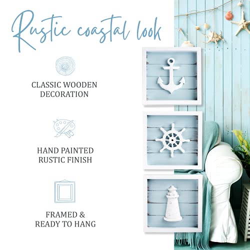 TideAndTales 3D Nautical Wall Decor (7"x7"), Coastal Theme Home Decorations with Anchor, Lighthouse and Ship Wheel, Rustic Ocean Inspired Bathroom Decor - Nautical Gifts - Framed Set of 3 - Image 3