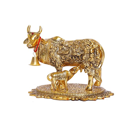 Image of Kamdhenu Cow with Calf Idol for Home Decor | Metal Cow Statue with Intricate Embossed Design | Vastu & Pooja Decorative Showpiece | Temple, Office, Housewarming & Gift Item
