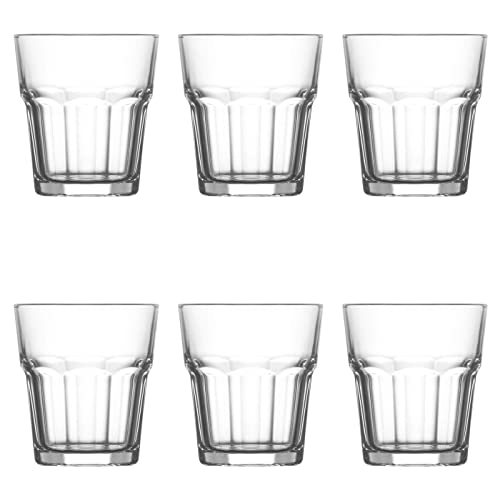 Tradineur - Set de 6 vasos de cristal, modelo Aras, resistentes, base gruesa, servir agua, licores, bebidas, fiestas, uso diario (305 ml, 9,5 x 8,7 cm)