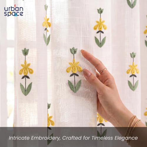 Image of Urban Space Cotton Sheer Curtain Pack of 1, Embroidered Semi Transparent Door Curtains 7 feet for Living Room, Bedroom & Balcony, 1 Pc Curtain with Eyelets and Tieback (Avira Yellow - 7 feet)