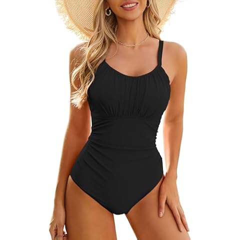 Century Star Tummy Control One Piece Swimsuit for Women Vintage Bathing Suits Ruched Swimwear Black Medium Cover