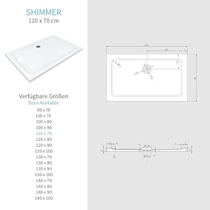 MOG Duschwanne SHIMMER 70x120 cm - Flache rechteckige Duschtasse aus langlebigem Sanitäracryl in Weiß, inkl. Ablaufgarnitur (Siphon) mit Geruchsverschluss – Bild 4