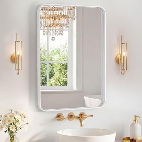 Image of Sweetcrispy Bathroom Mirror 30x22 Inch Metal Framed Rounded Rectangle Vanity Mirror for Wall, Over Sink, Farmhouse, Restroom, Anti-Rust, Modern Decorative, Horizontal or Vertical Hanging, White