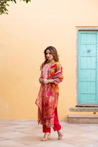 Image of GoSriKi Women's Rayon Viscose Straight Printed Kurta with Pant & Dupatta