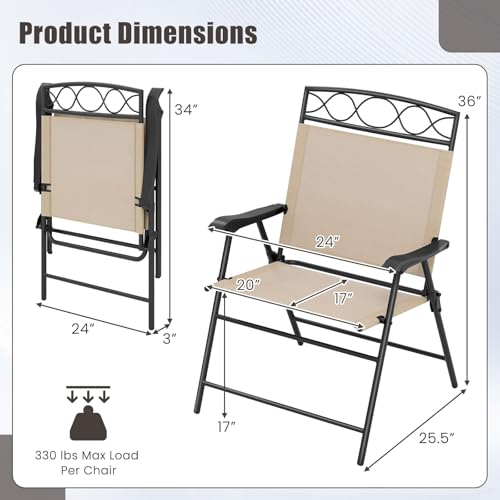 Image of Giantex Set of 4 Patio Folding Chairs, Outdoor Dining Chairs for Camping, Beach, Backyard, Deck, Portable Dining Chair w /Armrest and Metal Frame, Beige