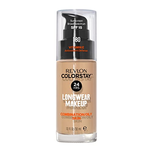 Revlon ColorStay, Foundation für Mischhaut und fettige Haut, mit Sonnenschutz SPF 15, lang anhaltende Formel, ölfrei (30ml), 180 Sand Beige