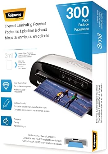 Fellowes Thermal Laminating Pouches, Letter Size Sheets, 3mil, 300 Pack, Clear (5247101)
