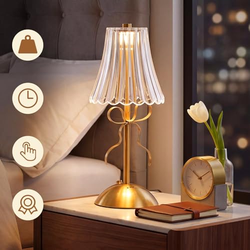 Image of Liliful 2 Pcs Cordless Table Lamp Rechargeable Touch LED Small Gold Portable Battery Operated USB-c Desk Lamp 3 Color Dimmable for Bedroom Living Room Dining (Gold,Bow Rose Style)