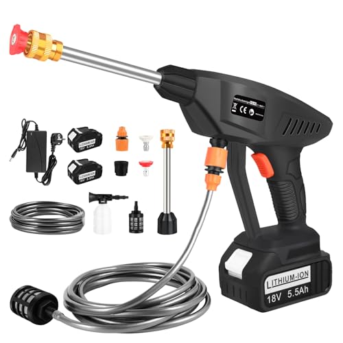 ASUNCELL Hidrolimpiadora de Alta Presion y 2 * 5,5Ah Baterías, Pistola de Alta Presión, Limpiador de Alta Presión con Boquilla 6 en 1, Hidrolimpiadora de Bateria para Limpiar Coche, Terraza, Jardín