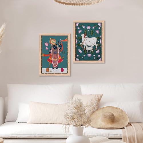Image of kotart Traditional Indian Wall Art Painting Set of 2 | Kamdhenu Cow Design | MDF Wooden Framed Spiritual Wall Decor for Living Room, Pooja Room & Home (Art 8, 20x30 Inch)