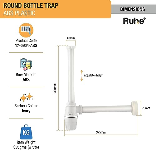 Image of Ruhe ABS Bottle Trap for Washbasins | Matte Finish Bottle Trap With Wall Flange and 12 Inches Pipe | Round | Ivory | Pack of 2