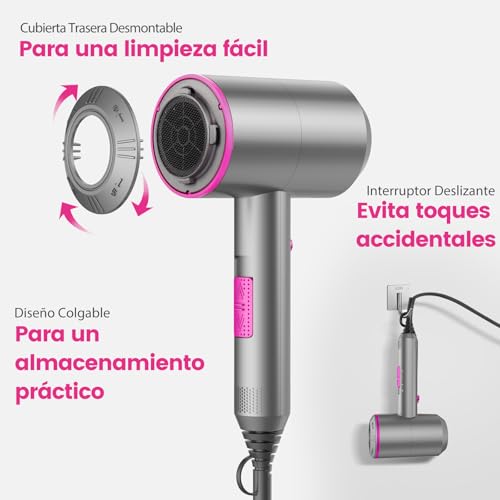 Miniatura 5 de Faszin Secador de Pelo Iónico Motor AC Duradero Secadores pelo iones profesional, Difusor y Concentrador, 3 Temperaturas, 2 Velocidades, negativos Hair Dryer (Grey)