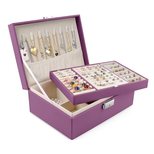 Homeanda Joyero de 2 capas, cajas de joyería de cuero para mujeres, niñas, adolescentes,...