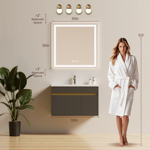 Image of 30x30 LED Bathroom Mirror with Anti-Fog, Backlit & Front Lit, Memory | Stepless Dimmable 3 Color CRI 95+ Shatterproof Tempered Glass ETL Listed for Safety Lighted Bathroom Vanity Mirror for Wall