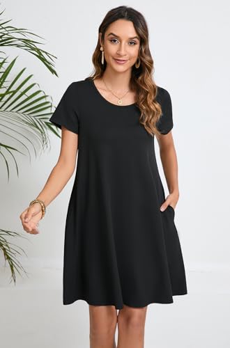 Enmain Vestido Estilo Camiseta para Mujer de Verano de Manga Corta con Bolsillos túnica Vestido Casuales Bohemios hasta la Rodilla para Mujer, Negro, XL