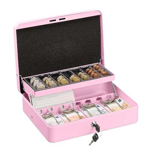 Relaxdays Caisse à Monnaie, verrouillable, monnayeur & 4 Compartiments à Billets, Fer, HLP 8,5 x 30,5 x 24,5 cm, Rose