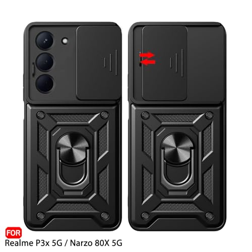 Image of TheGiftKart Tough Armor Bumper Back Cover Case for Realme P3x / Narzo 80x / Realme 14x 5G / Narzo 80 Lite 5G | Sliding Camera Cover, Kickstand & Ring Holder | 360 Protection Cover (PC & TPU, Black)