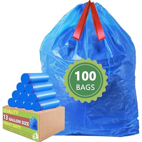 Blue 13-Gallon (Count 100) Drawstring Garbage Bags – Trash Bags Strong, Tear-Resistant and Convenient Cover