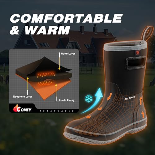 Rubber Boots for Men, Warm 4.5mm Neoprene Waterproof Insulated Rain Boots, Mid Calf All-Season Mud Boots for Outdoor Work Hunting (Size 6-13)4