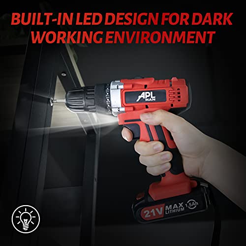 APLMAN Akku-Bohrmaschine, 21 V, mit Batterie, elektrische Bohrmaschine, 26 Stück, Zubehör, 3/8 Zoll Bohrer-Set, Ganzmetallfutter, 25 + 1 Drehmomenteinstellung, 2 variable Geschwindigkeiten und LEDs – Bild 4