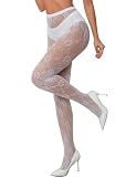 SwiiDuu Sexy Tights for Women High Waist Fishnet Stockings Lace Leggings Floral Lace Pantyhose-White