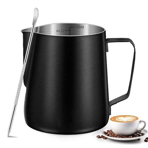 Milk Frothing Pitcher, 350ml (12oz) Milk Frother Cup Stainless Steel Jug Steaming Pitcher, Milk Coffee Cappuccino Latte Art Barista Steam Pitchers Milk Jug Cup with Decorating Pen