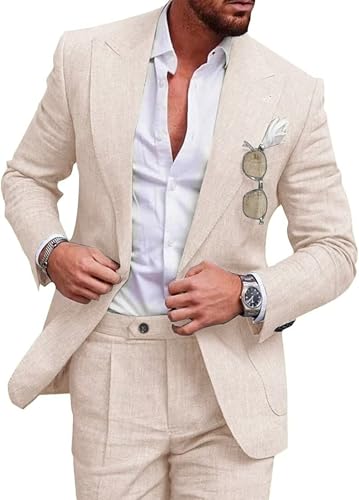 UNINUKOO Linen Suit for Men Summer Wedding 2 Piece Suit Set Peak Lapel Casual Blazer Pants Beach Wear for Men
