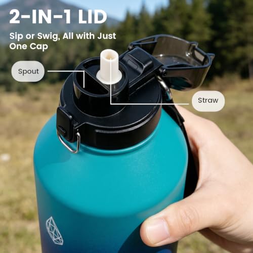 Image of 64 oz Insulated Water Bottle with 2‑in‑1 Pop‑Up Straw & Spout Lid