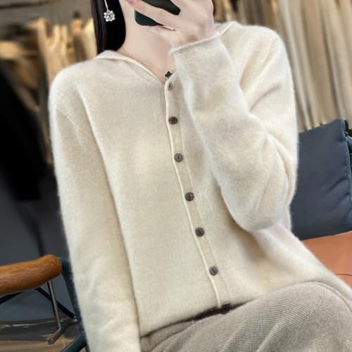 Image of Cashmere Sweaters for Women Button Down V Neck Hooded Cardigan Casual Loose Long Sleeve Soft Knit Pullover Tops Apricot