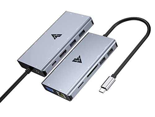 Image of Vaku Luxos Axel USB C Hub, Type C Hub, 11-in-1 Adapter with Ethernet, 4K USB C to HDMI, VGA, 2 USB3.0 2 USB2.0, Micro SD /TF Card Reader, Mic /Audio, USB-C Pd 3.0, Compatible for Mac Pro and Type C Laptops
