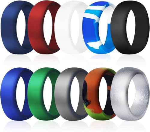 COOLOO Silicone Wedding Ring for Men, 10 Pack Affordable Silicone Rubber Wedding Bands Sturdy Comfortable Rings, Black White Blue Silver Gray