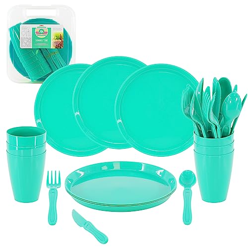 31 Piece Plastic Picnic Camping Party Dinner Plate Mug Cutlery Set Storage Box